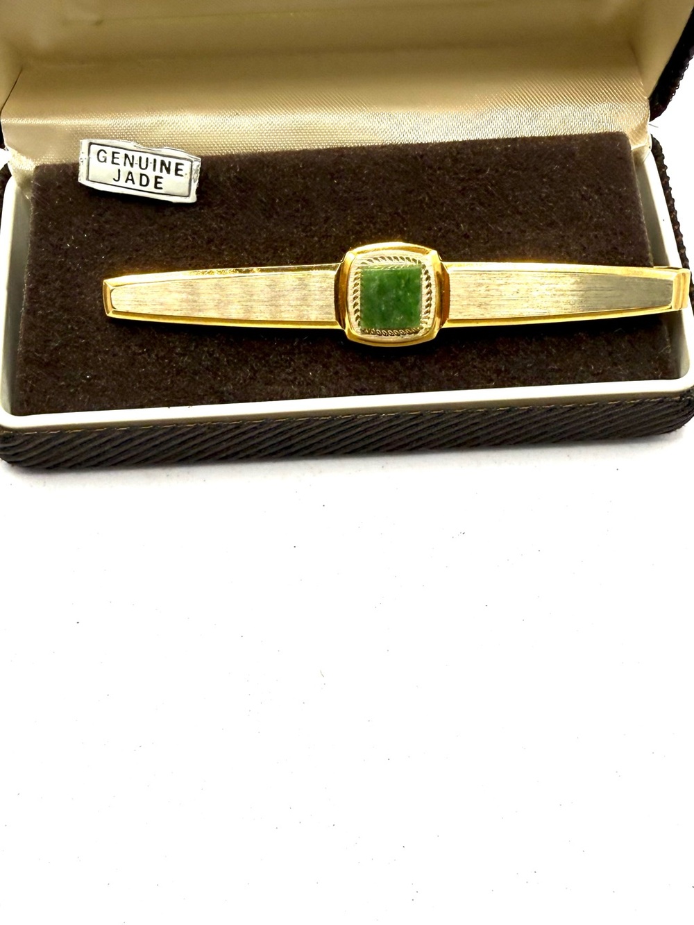 Genuine Jade Gold-Tone Tie Bar Swank in Original Box